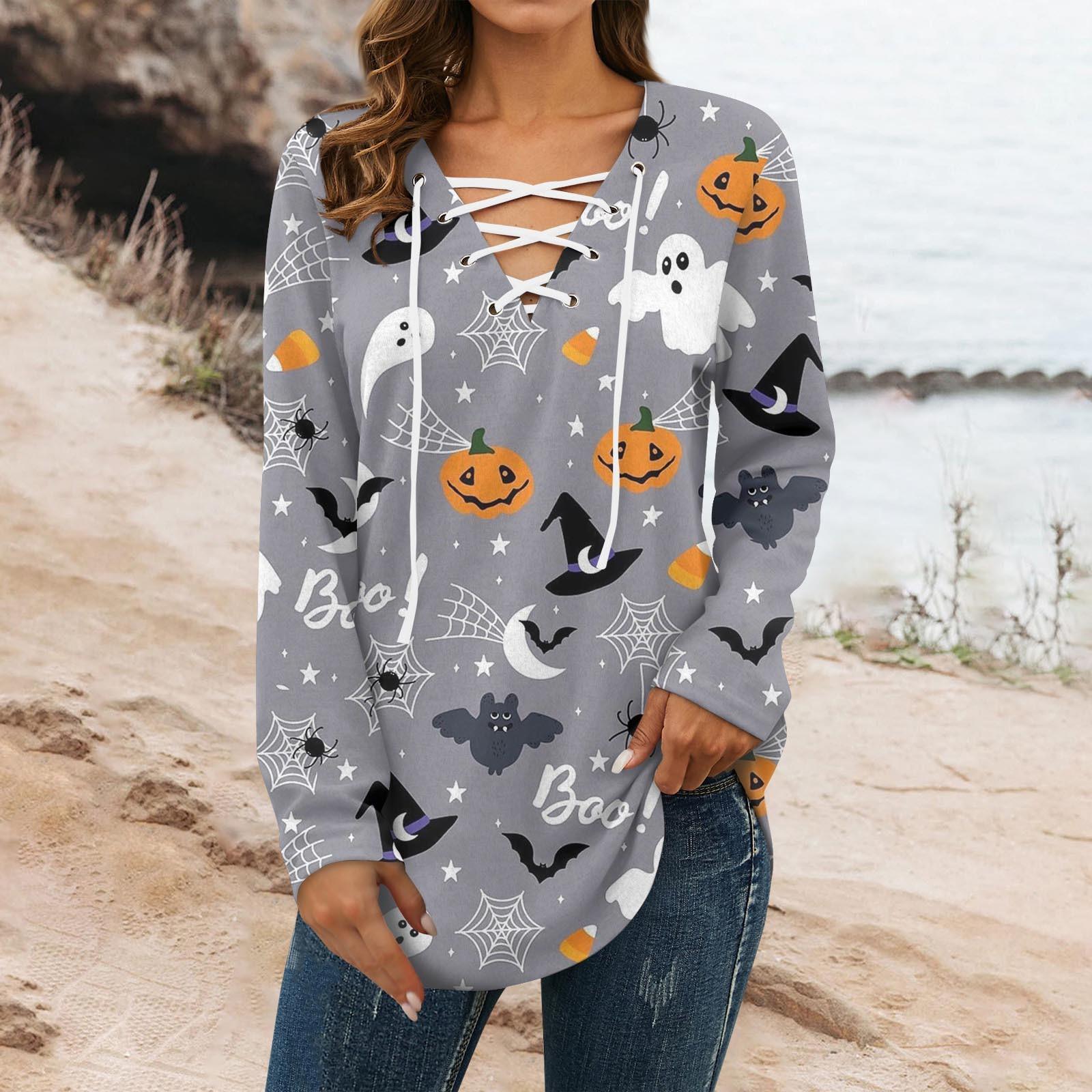 

Ladies Casual Long Sleeve Halloween Print V-Neck Tie T-Shirt Top