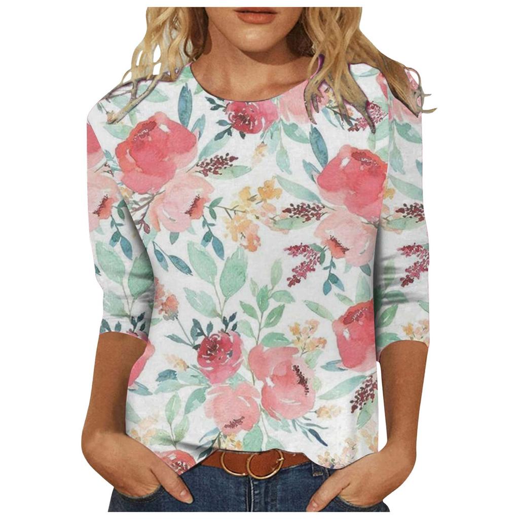 Women's Fashion Casual Temperament Irregular Color Patchwork Printed Seven-quarter Sleeve Blouse