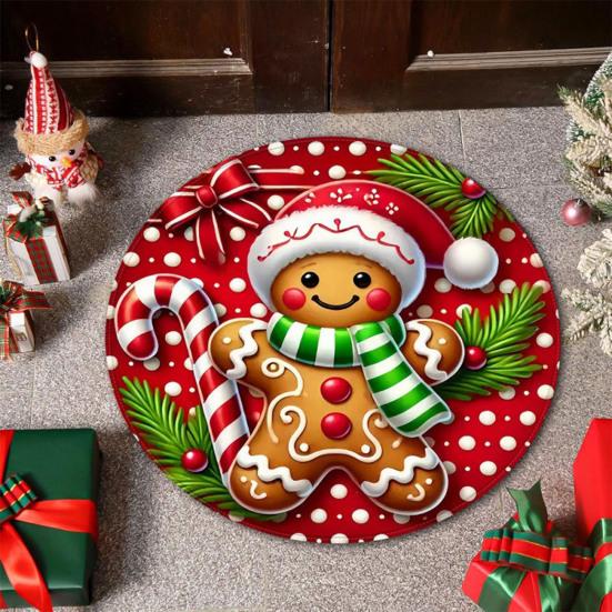 Christmas Floor Mat Round Santa Claus Xmas Area Rug Anti-Slip Absorbent Gingerbread Man Carpet for Festive Home Entrance Living Room Decor