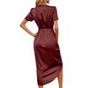 Elegant Wrap Dress for Women Satins V Neck Short Sleeve Midi Long Slit and Pleated Detail Gown for Party Gatherings