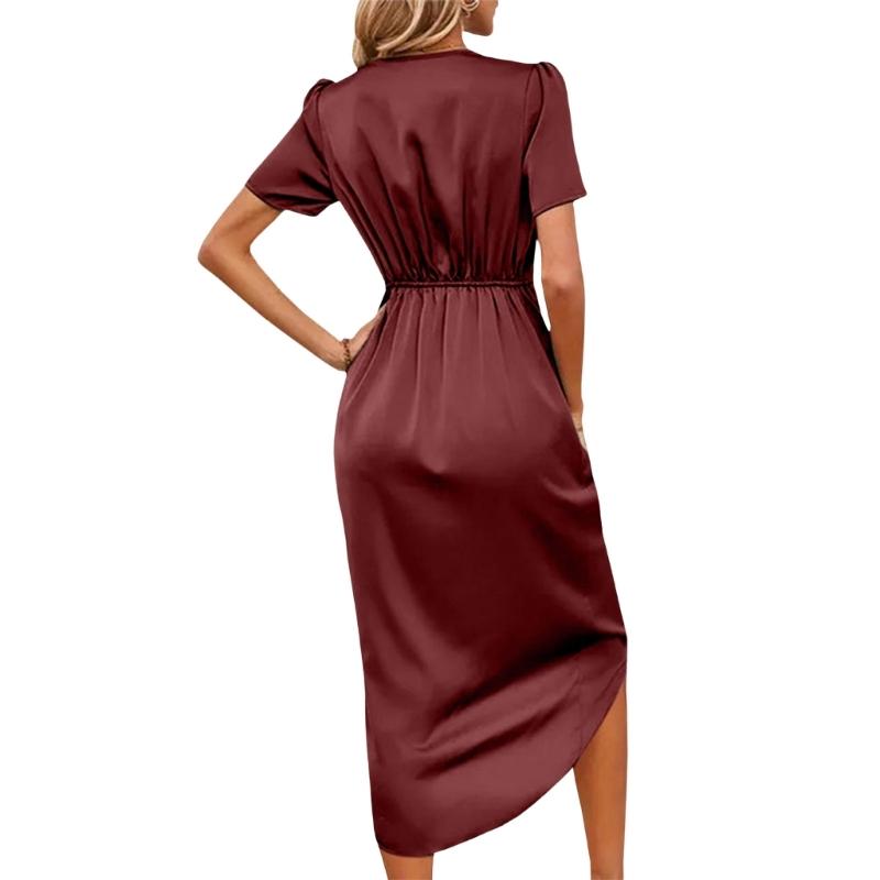 Elegant Wrap Dress for Women Satins V Neck Short Sleeve Midi Long Slit and Pleated Detail Gown for Party Gatherings