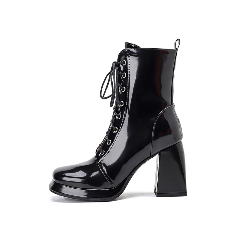 Fashion New Autumn Winter Black White Motorcycle Boots Womens Square Toe Cross Tied Platform Chunky High Heels Ankle Booties 45