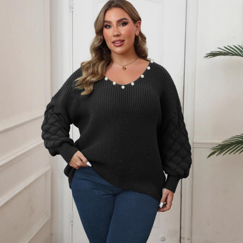 Women's Sweater Pineapple Sleeve Splicing Deep V Woven Base Shirt Nail Pearl Splicing Casual Top