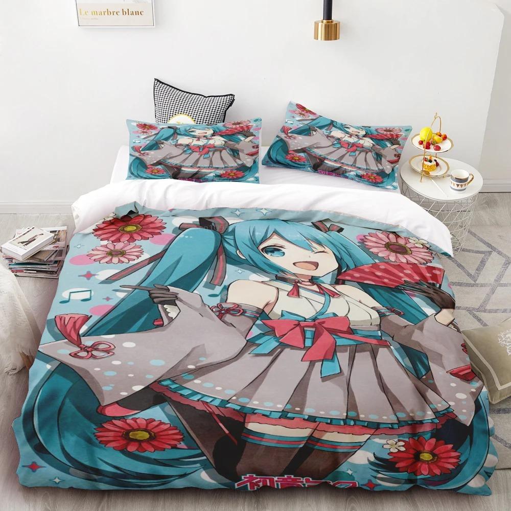 Duvet Cover Hatsune Miku Anime Singer Beautiful Girl Bedding Set Cartoon with 1/2 Pillowcase for Women Men Teens Bedroom