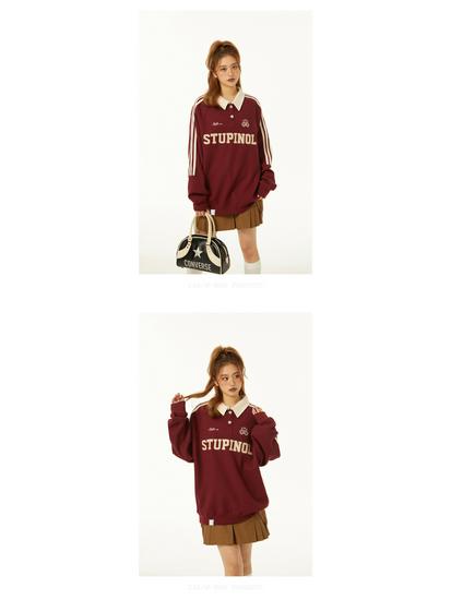 2025 Plus Size Retro College Style Polo Collar Sweatshirt for Women - Spring & Autumn Trendy
