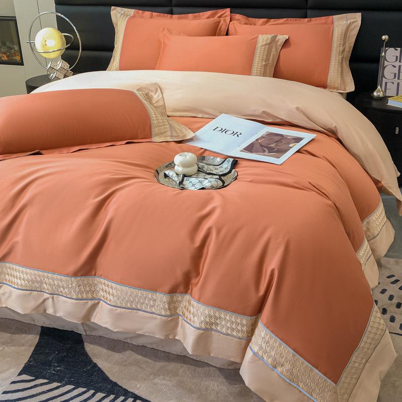 Set da quattro pezzi per letto in cotone a fibra lunga di classe A, lenzuolo con angoli ricamato, lenzuolo con angoli, copripiumino, puro cotone, ad alta densità, ad alto numero di titoli
