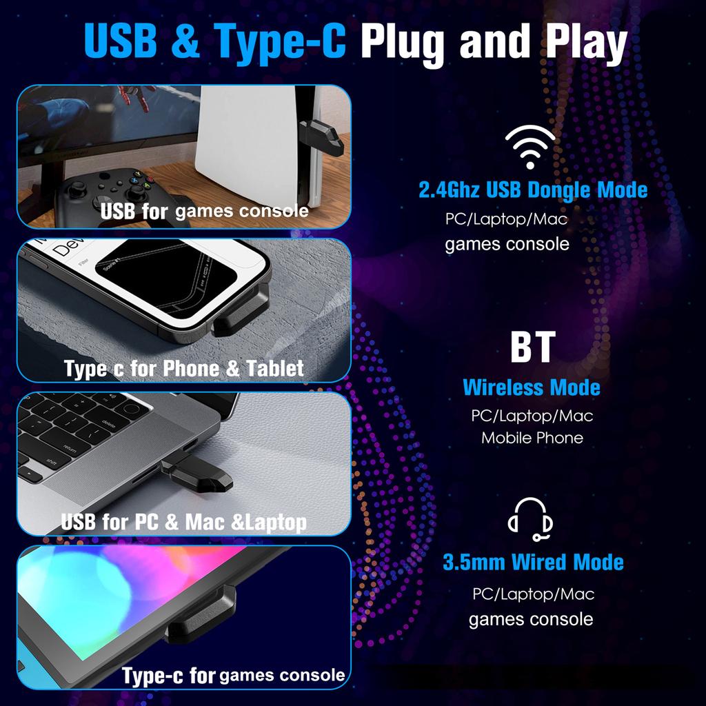 Wireless Gaming Hdset with 2.4GHz/ /Wired Modes, RGB Lighting Game Hdphones with Noise Canceling Mic, 7.1 Surround Sound, for PC, Game Console,