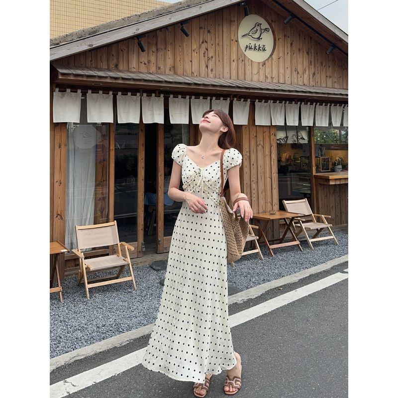 French Gentle Polka Dot Puff Sleeve Dress Women's Summer Tight Waist Elegant Slimming A- Line Skirt Vacation Style Long Dress