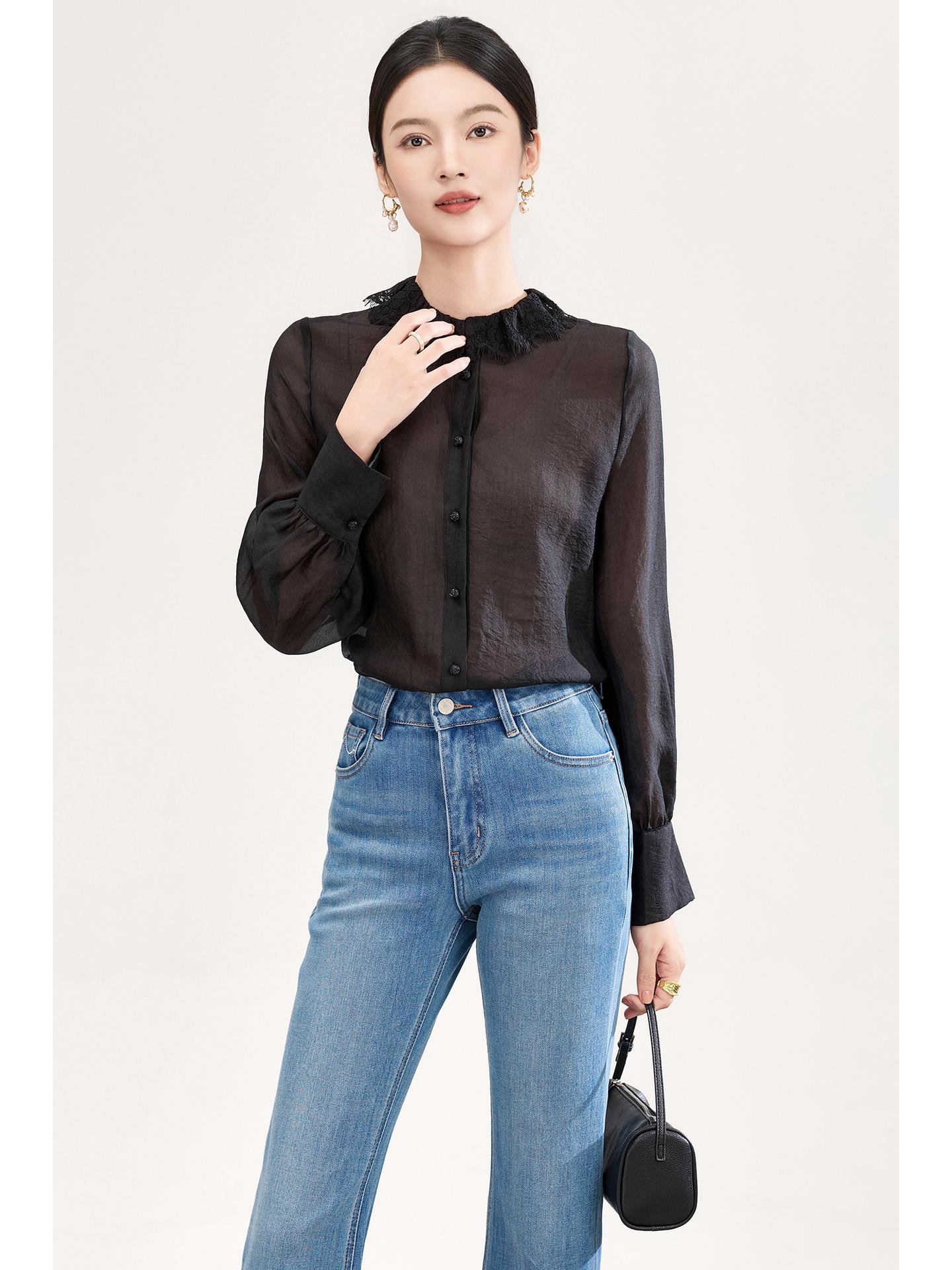 Nanyou Women s Ice Silk Lace Trim Long-Sleeve Shirt - Early Spring Style Small