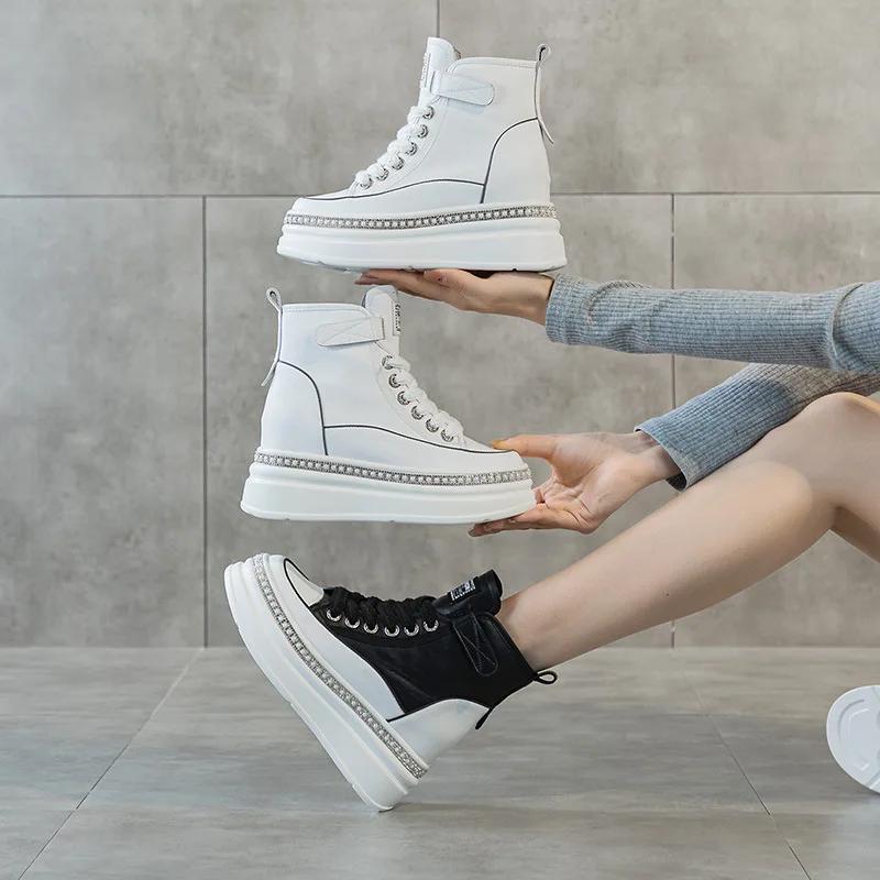Fashion Women's Leather Shoes Spring and Autumn New Muffin Women Shoes with High Heels and Thick Soles Inside To Increase High Top Shoes