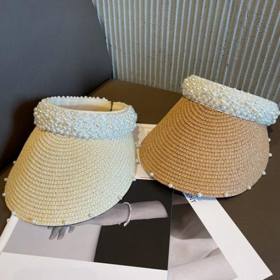 Women Beach Sun Hat Straw Visor Cap Beaded Pearl Casual Vacation Summer Sun Hat