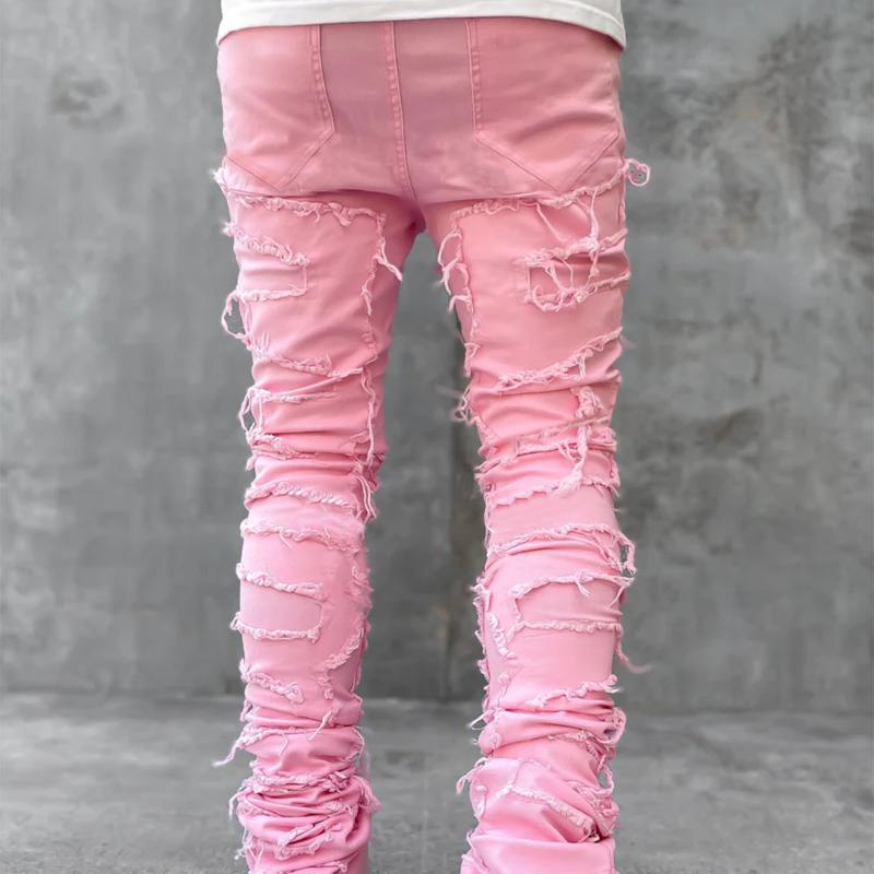 Spring and Autumn Individual Patched Black Pants Elastic Tassel Patch Denim Straight Pants Long Tight Fit Stacked Jeans for Men