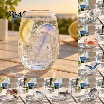 Dekorativer Wasserbecher im Küstenstil Oktopus Glasbecher, Ozean Wale Seepferdchen Krabben Quallen Cocktail für Zuhause Nautische Themen Barzubehör Bar,