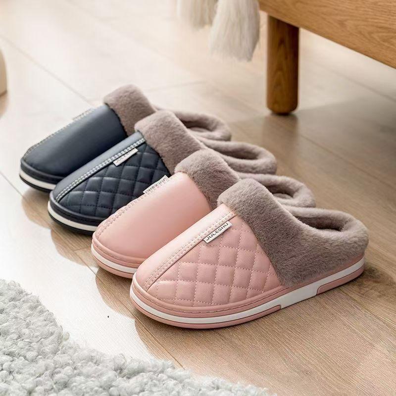 PU waterproof cotton slippers winter home indoor non-slip warm cotton shoes the elderly large size cotton slippers