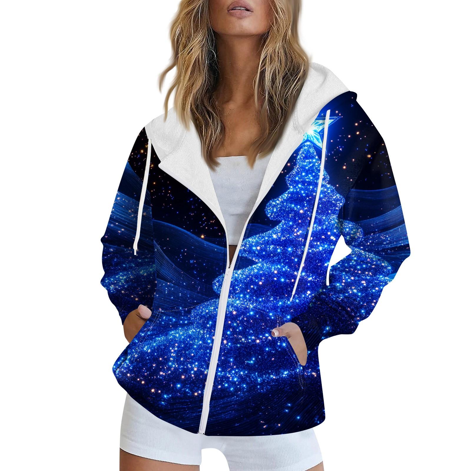 

Женская рождественская печатная толстовка, зимняя куртка-кардиган с длинными рукавами и карманами, на молнии, толстовка с капюшоном, верхняя одежда M