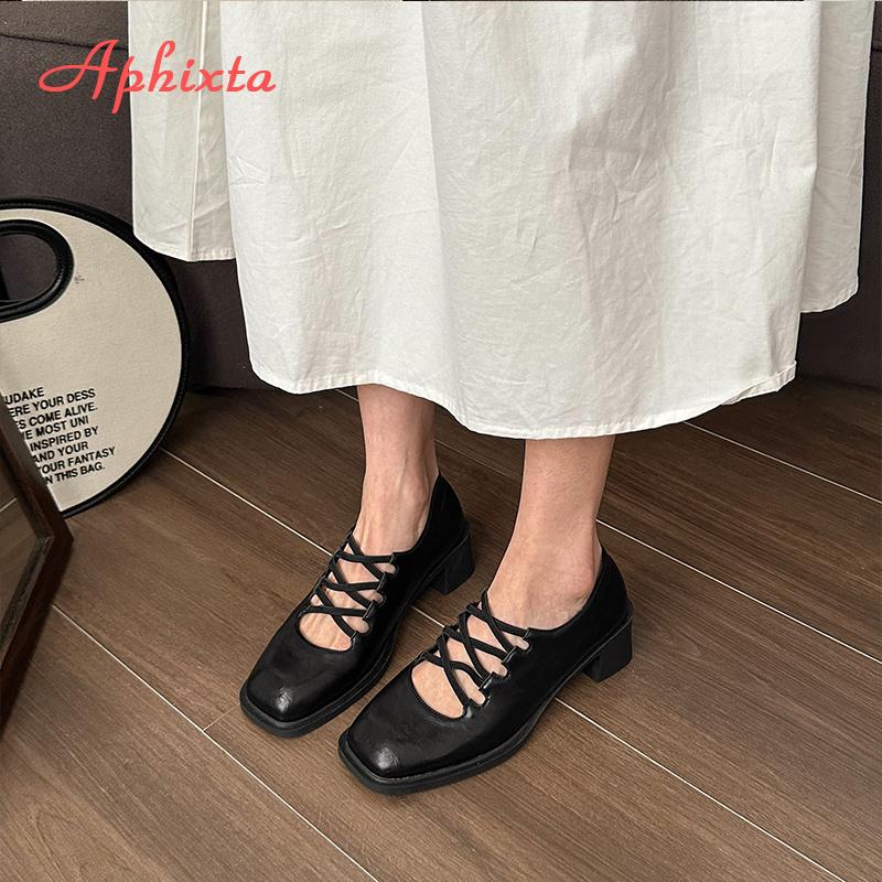 Fashion Aphixta Elegant Woman Shoes Red Cross Starp Leather Pumps Female Shallow Mary Janes  Square Toe Shoes Drop Shipping Plus Size 43