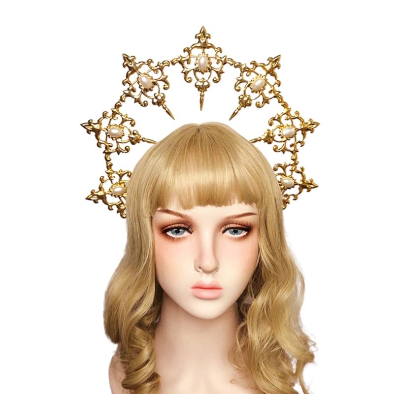 Womens Mary Halos Crowns Headband Spiked Gold Tiara Hair Accessories Goddess Headpiece Headdress for Cosplay