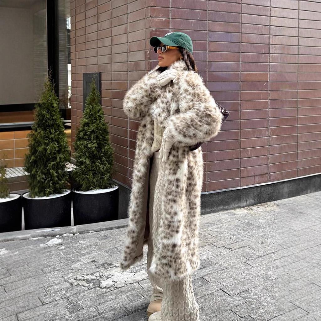 VAYLA Leopard Faux Fur Coat Women Long Overcoat Turn Down Collar Full Sleeve Open Stitch Thick Loose Elegant Jacket Autumn Winter