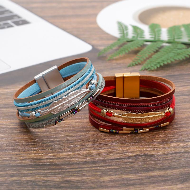 Bohemian Style Multi-layer PU Leather Bracelet Women's Leaf Magnet Buckle Jewelry Accessories