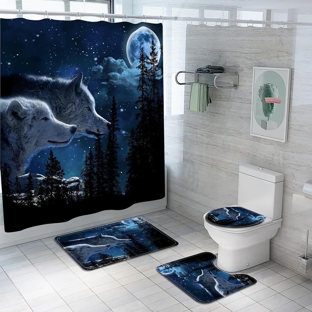 Mystery Wolf Animal Printed Shower Curtain Set With Bath Mat Anti-Slip Toilet Lid Cover Bathroom Set Carpet Home Decoration