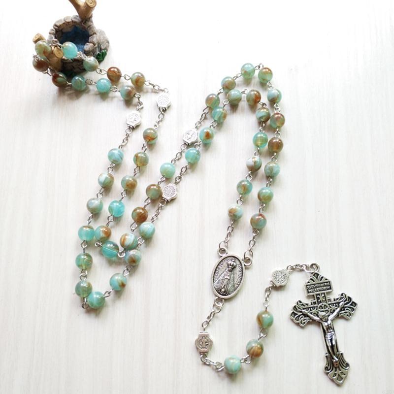 62KD Rosary Beads Necklace 6mm with Jesus Christ Crucifix for Cross Catholic Pendant Party Gift