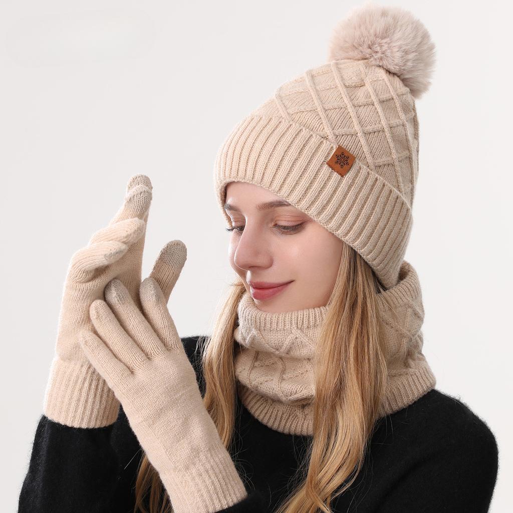 Winter Knitted Hat for Women's Cold Proof Double Layer Plus Velvet Thickened Warm Knitted Hat Scarf Gloves Three Piece Set