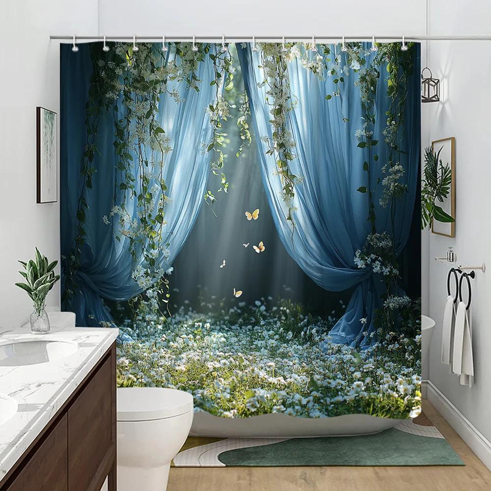1Pc Serene Garden Shower Curtain With Blue Drapes & Butterflies - Sunlit Path Design, Tranquil Fairy-Tale Bathroom Decor, Machin