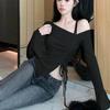 Spring Autumn Cotton Flare Sleeve T Shirts Women Solid Bodycone Basic Long Sleeve Crop Tops Casual Shirring Off-shoulder Tees