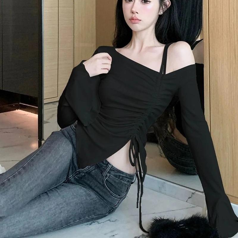 Spring Autumn Cotton Flare Sleeve T Shirts Women Solid Bodycone Basic Long Sleeve Crop Tops Casual Shirring Off-shoulder Tees