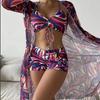 European & American Three-piece Swimsuit Set: Print Drawstring Bikini, Flat-Leg Pants, and Mesh Cover-up