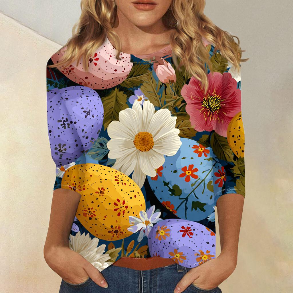 Women's Fashionable Casual Three-quarter Sleeve Easter Print Round Neck Pullover Top