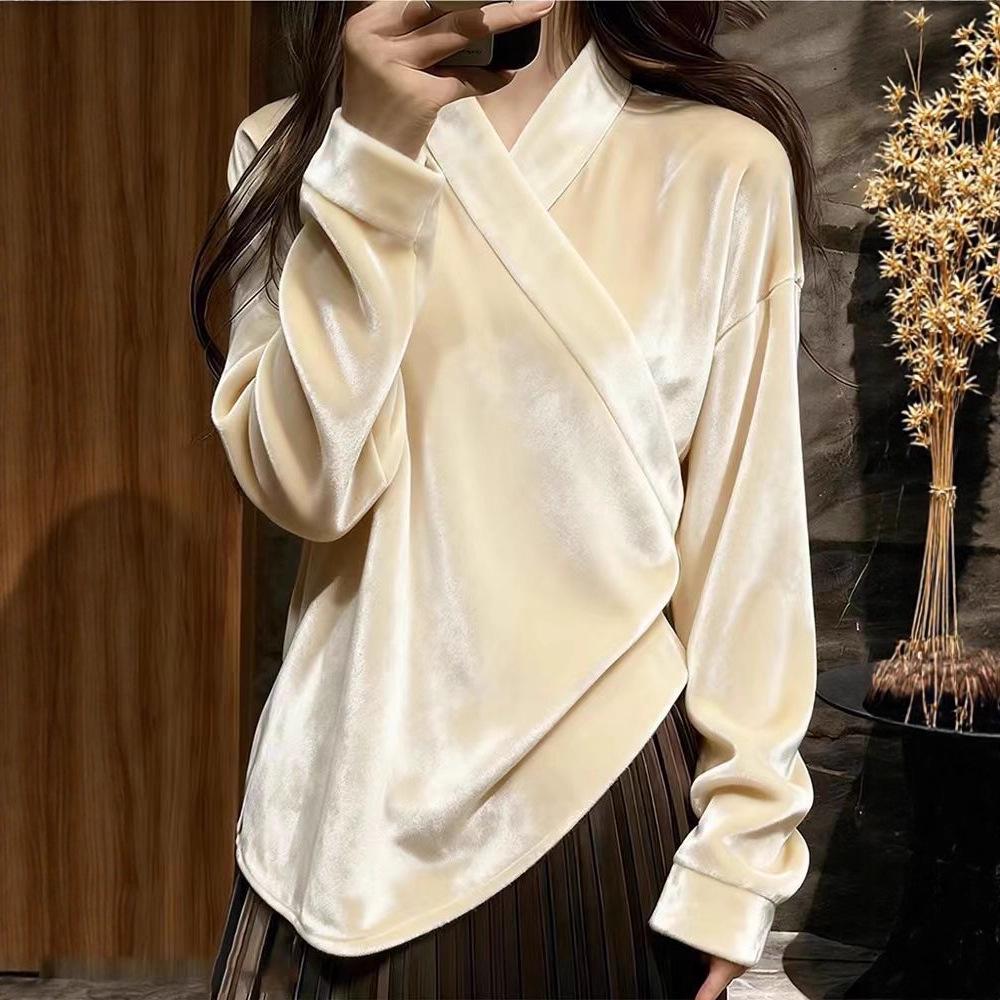 2026 Apricot Velvet Hanfu Top: New Cross-collar Tang Suit Shirt