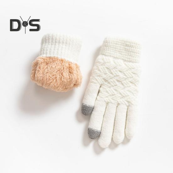 1 Pair Women Winter Gloves Double-layer Thickened Plush Jacquard Knitted Five Fingers Unisex Anti-slip Cold Weather Driving Golfing Skiing Skating