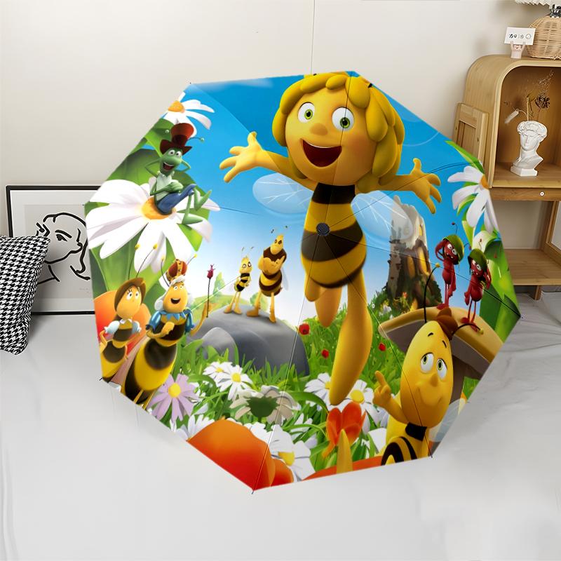 Maya the Bee Print Automatic Umbrella, 8 Rib Iron Frame, Plastic Handle, Suitable for Outdoor Travel &Daily , Ideal Gift