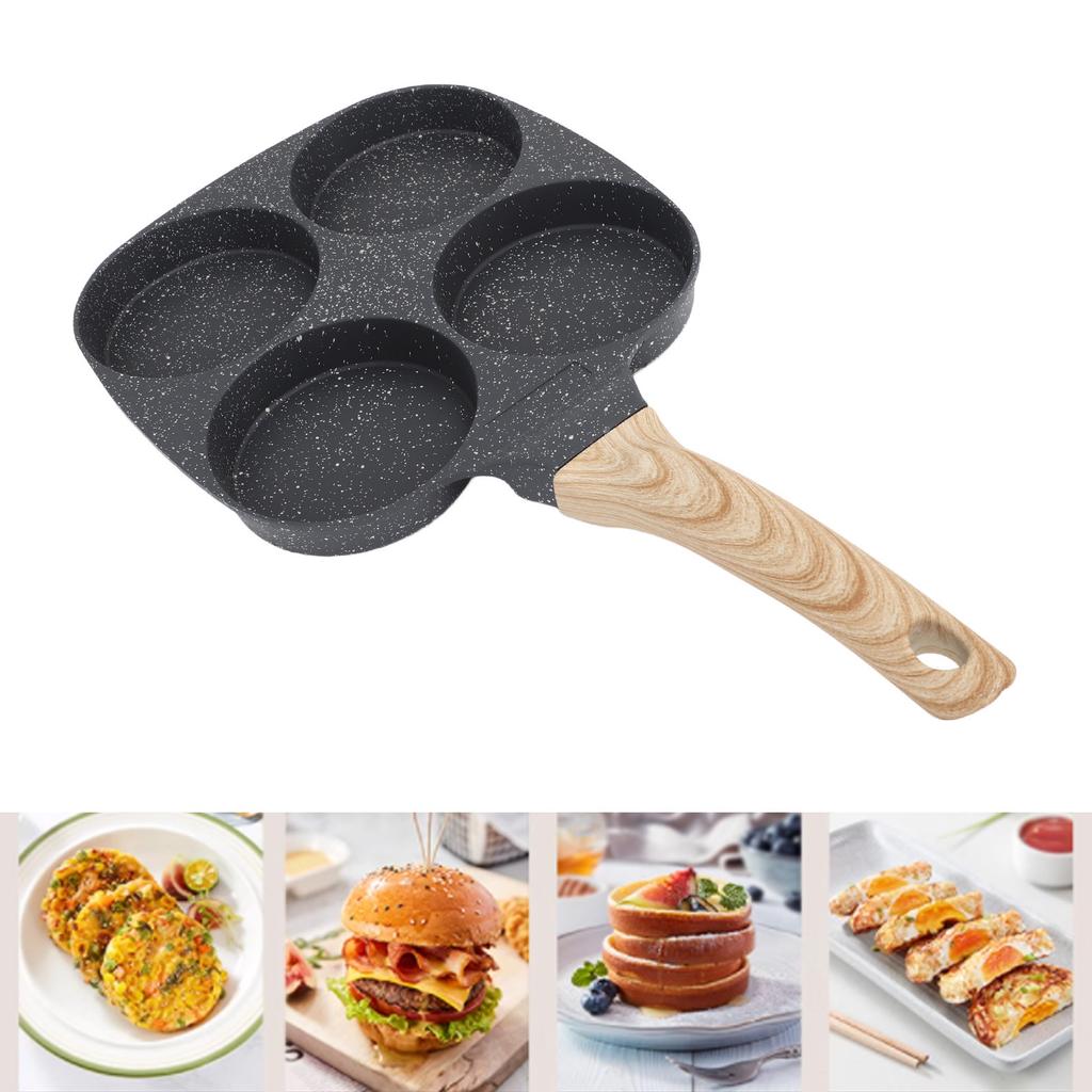 Aluminum 4 Cup Egg Frying Pan Non Stick Egg Cooker Pan Pancake Pan Easy Clean Wooden Handle For Gas Stove Induction Cookware