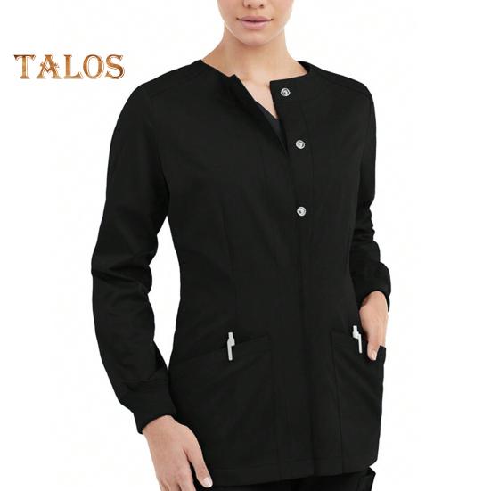 

Топ для салона красоты с большими карманами, застежка на три пуговицы, топ для работы с домашними животными, длинный рукав, круглый вырез, одежда для врачей и медсестер, рабочая одежда унисекс для больниц и салонов красоты XL чёрный