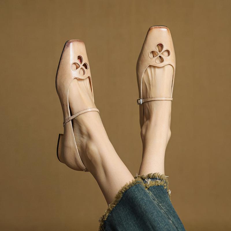 New Women's Leather Lazy Shoes Round Head Low Heel Four Seasons Wear Casual Single Shoes Large Size Comfortable Soft Sole Solid Color Light Mouth