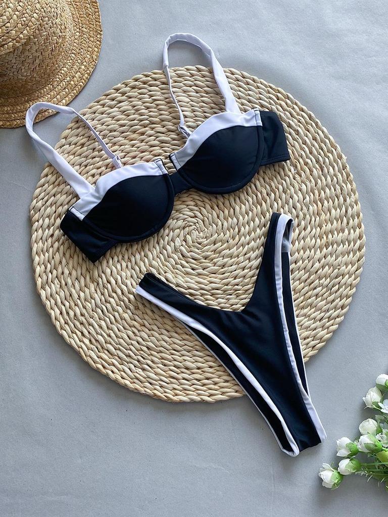 2024 European & American Sexy Black & White Cross-Strap Bikini Swimsuit for Women