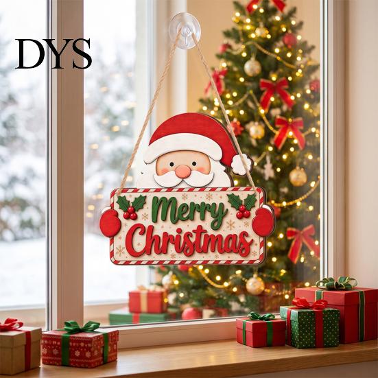Holiday Party Door Decorations 2D Flat Christmas Wooden Hanger Sign, Santa & Snowman Welcome Claus Hanging Plaque, Merry Front Wall Decor for