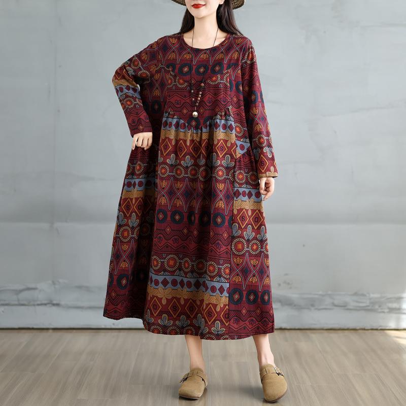 Dimanaf 2025 Women Plus Size Spring Long Dress Loose Basic Printing Vintage Casual Floral Oversize Long Sleeve Maxi