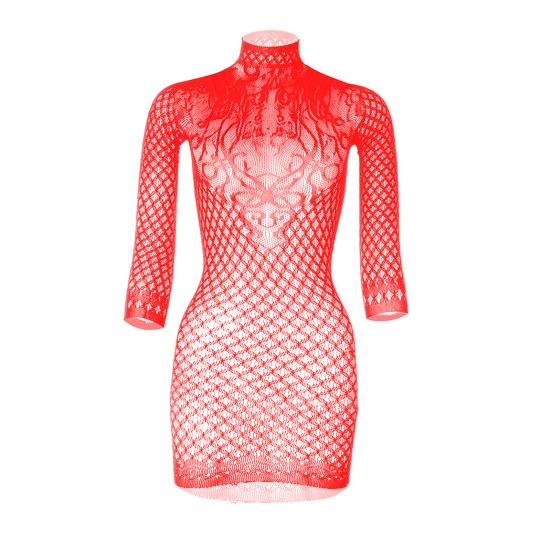 Women's Long Sleeve Bodycon Mini Dress Mock Neck Hollow Out Sheer Mesh Cover Up Dress Backless Erotic Clothes