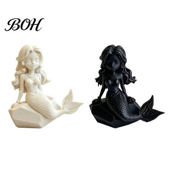 Cartoon Mermaid Figurine 3D Printed Action Figure, Dark Gothic Style with Matte Black Finish, Movable Joints Wavy Hair Design & Wide Rock Base, Decor