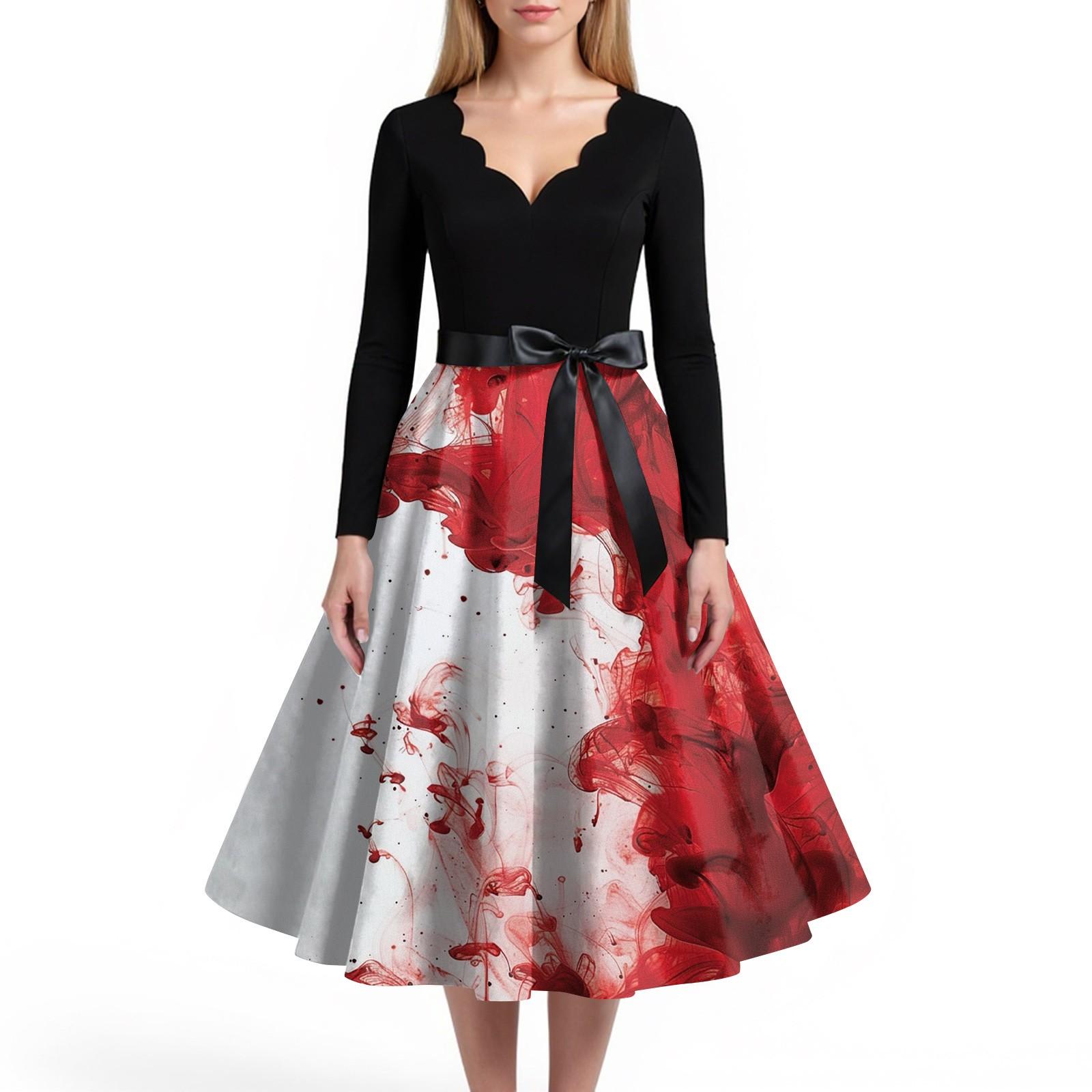 

Женское повседневное и модное платье с V-образным вырезом и длинными рукавами с принтом на Хэллоуин XL киноварь