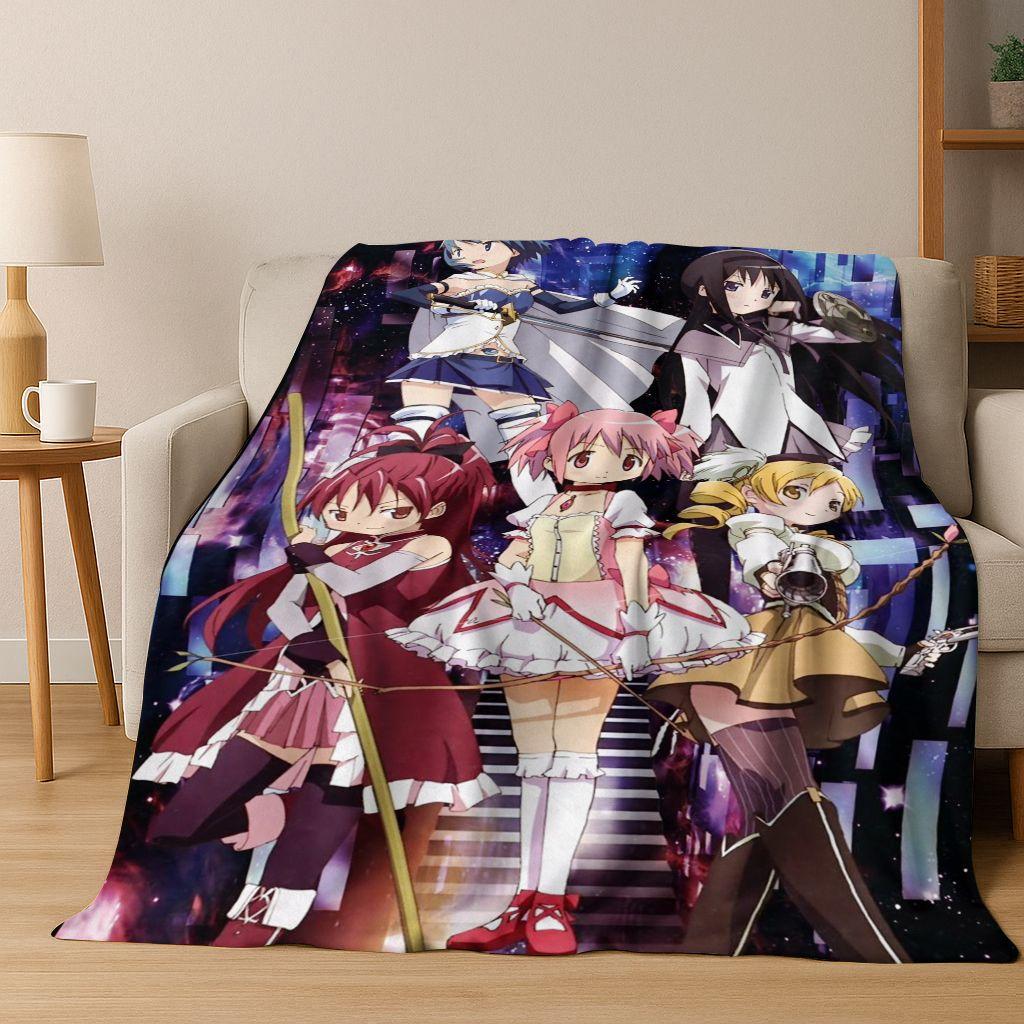 Cartoon Puella Magi Madoka Magica Girl Anime Art Flannel Blanket,Cozy Soft Throw Blanket for Home Bedroom Bed Sofa Cover Kids