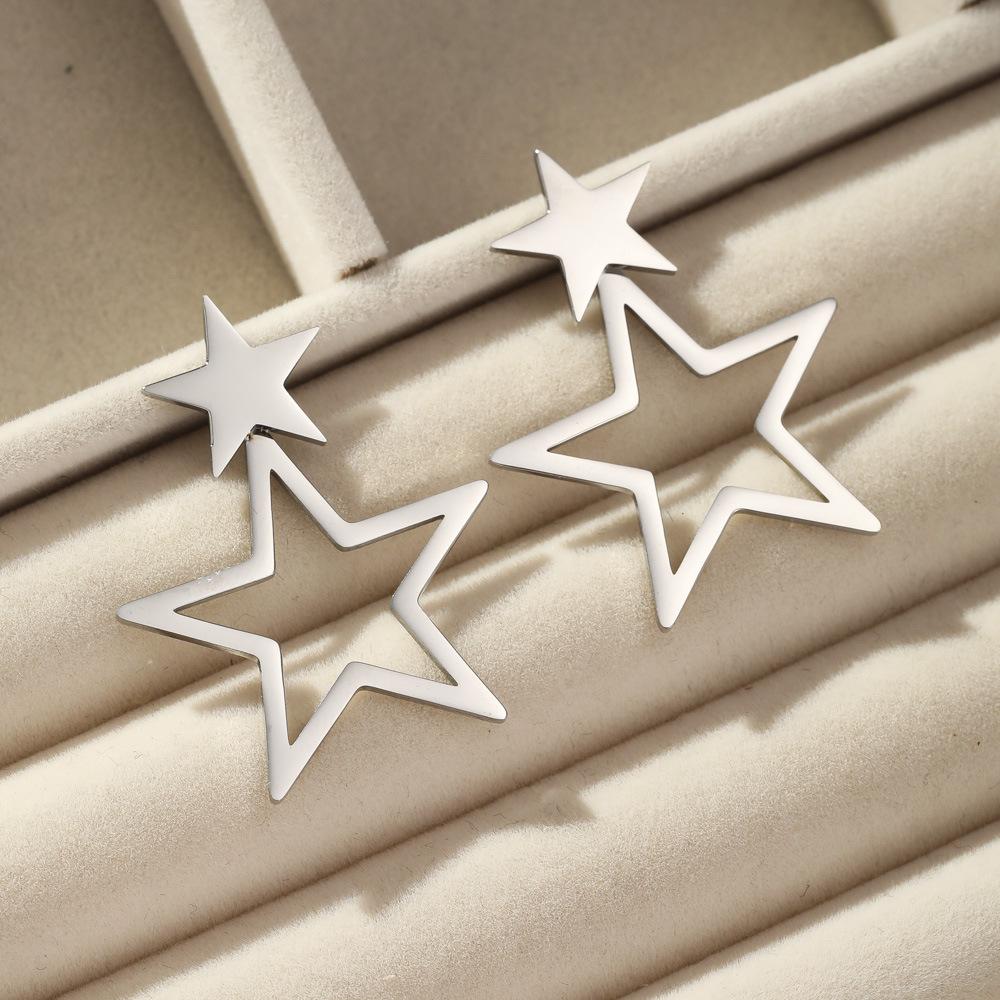 

And Chic Contemporary Double Star Earrings Stainless Steel For Women Summer Fashion серебряный