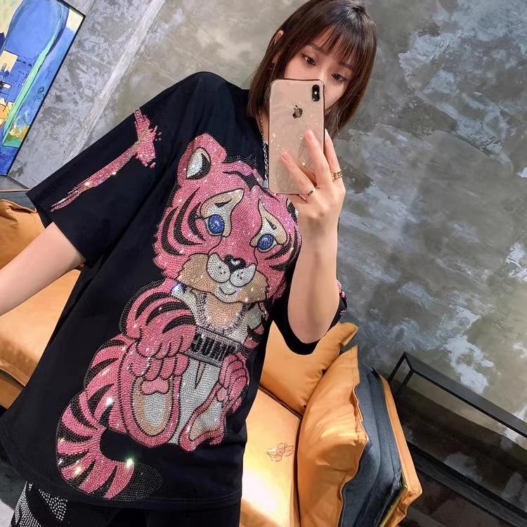 Plus Size Black Slimming Graphic T-shirt - Heavy Duty, Short Sleeve, Little Tiger Print