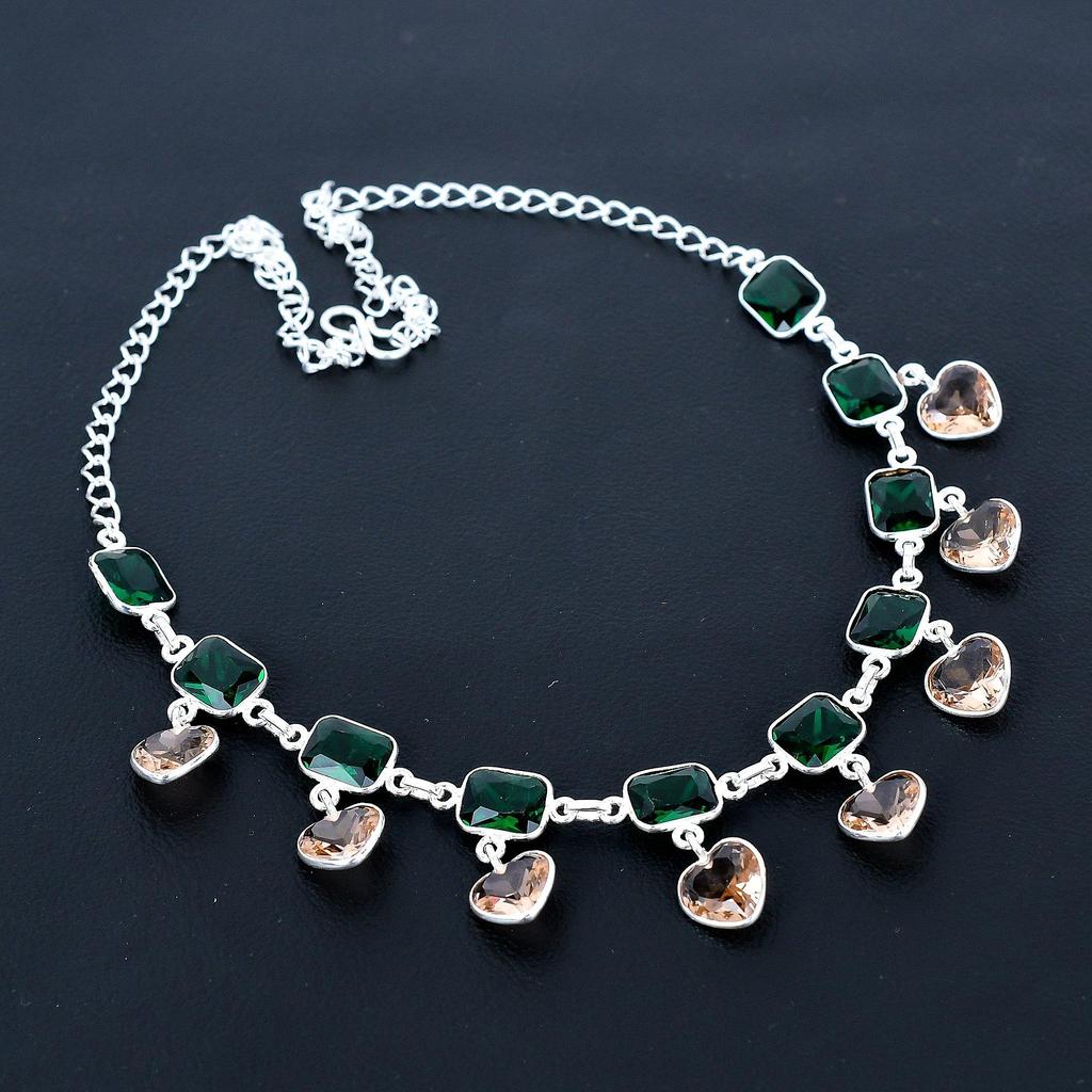 Morganite Heart Gemstone Necklace 925 Sterling Silver Necklace Green Tourmaline Necklace Bohemian Handmade Silver Necklace Gift Fort Mother