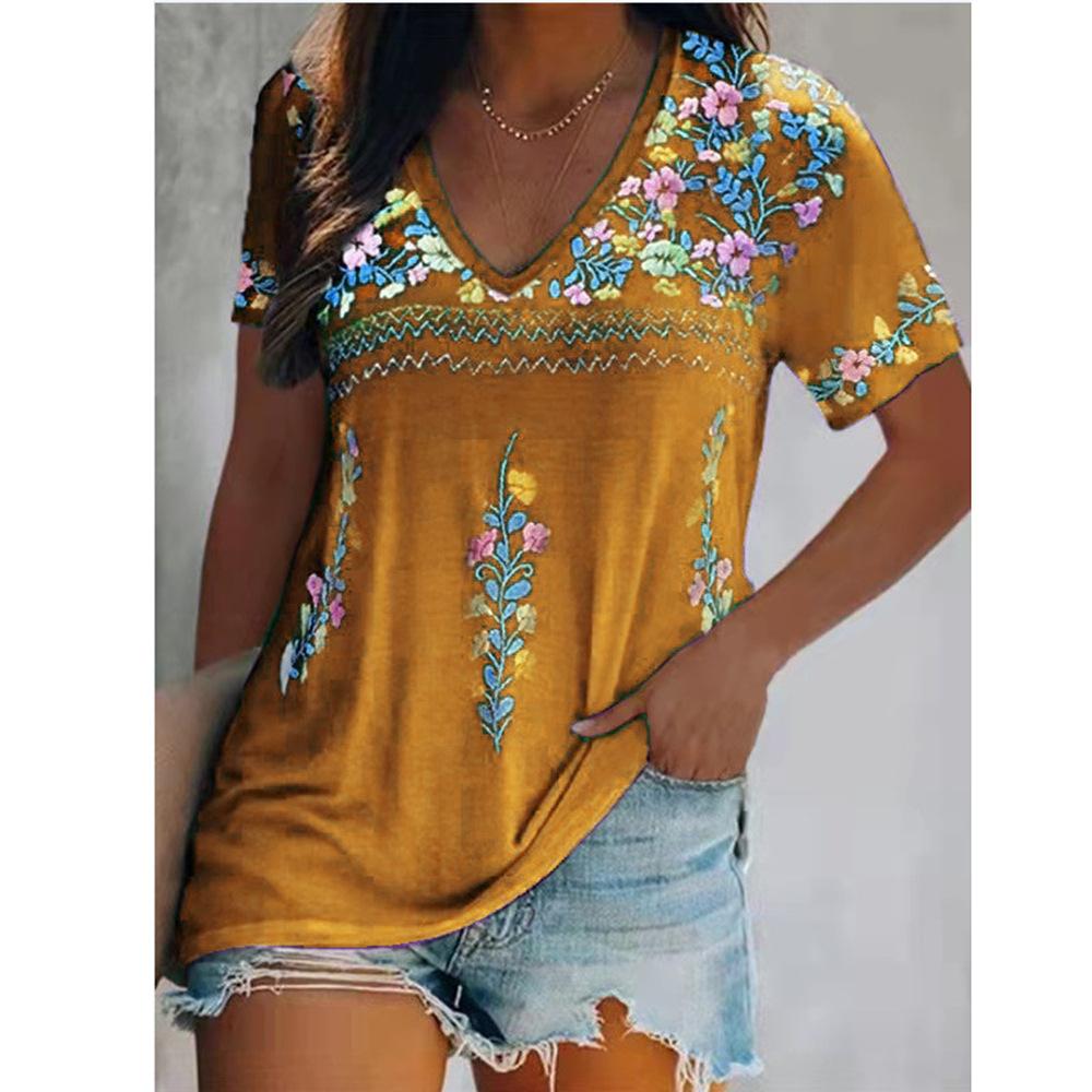 T-shirt Women Summer Floral Printing V-neck Short Sleeve Ethnic Style Women's Tshirts