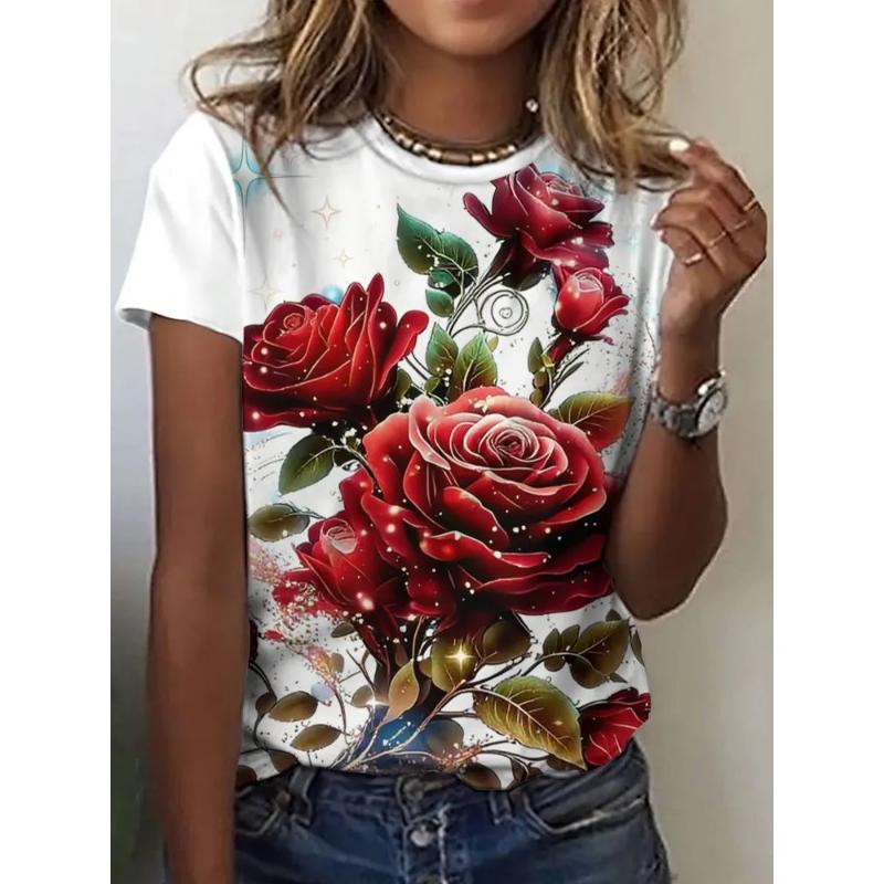 Fashion Women's Flower Short Sleeve 3D Flower Short Sleeve Crew Neck T-Shirt Crew Neck Short Sleeve