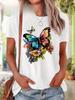 European Size Plus Size, Vibrant Butterfly - Floral Illustration Plus Size Women's Printed Casual Round Neck Short Sleeve Top